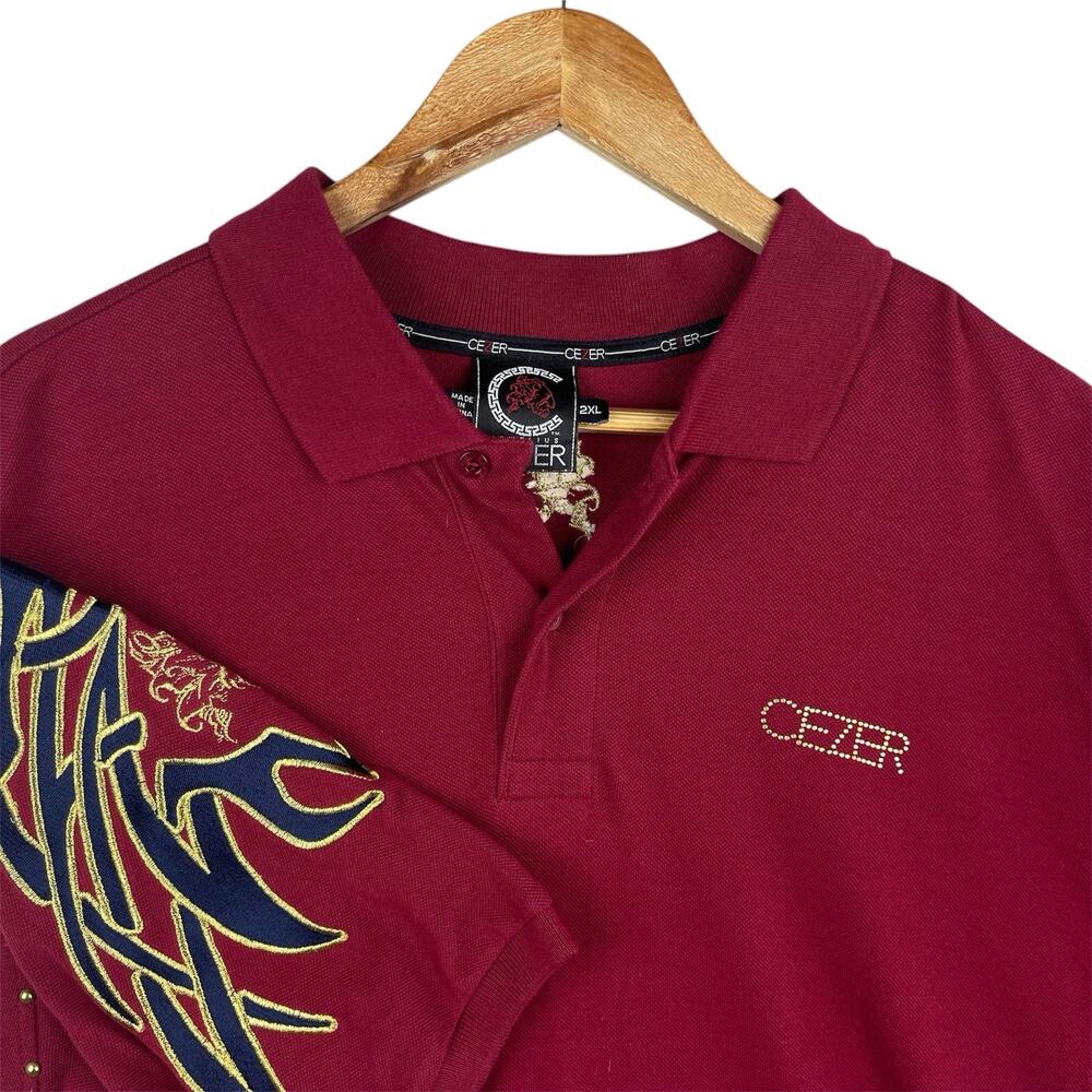 Jewelius Cezer Lion Graphic Polo Studded Red Oversized 2XL Y2K Streetwear Tribal